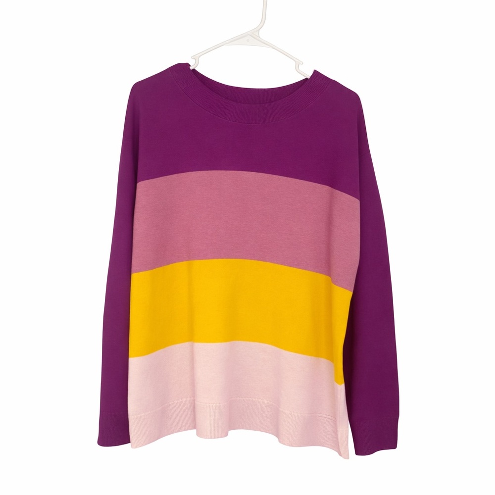 Lands’ End Colorblock Sweater Pink Purple Yellow Cotton L